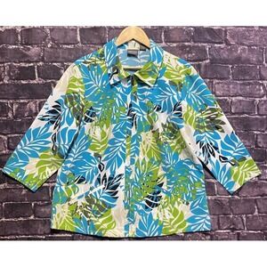 Chicos Additions Jacket Womens XL Blue Green Beige Zip Up Tropical Floral Palm
